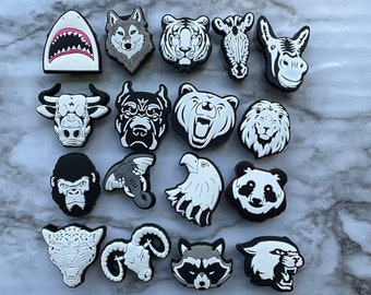 animal charms for crocs, mascot shoe charms, black and white animal charms, croc compatible charms, shoe charms for your crocs