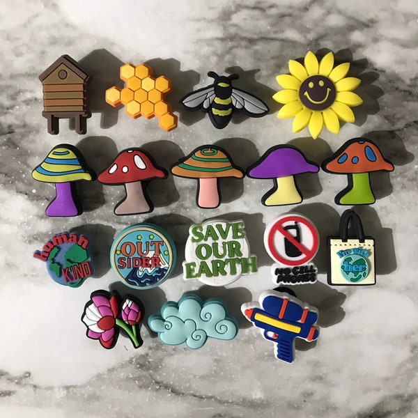 New popular save out earth charms for crocs, trending mushroom shoe charms, clog compatible bee and honey charms, outdoors charms