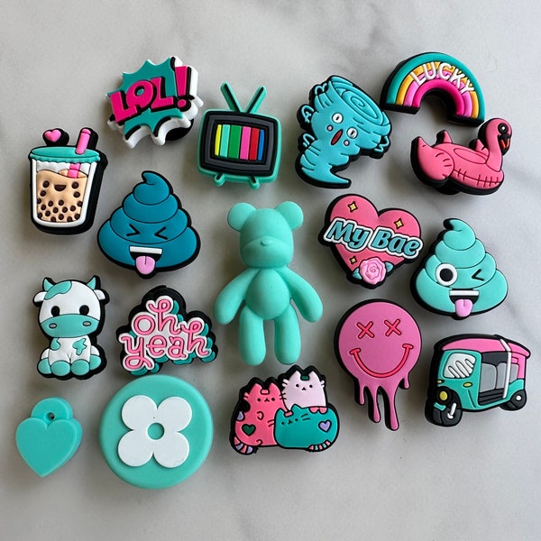 new trending pink and teal charms for your crocs, croc compatible teal and pink shoe charms, trending shoe charms, cute cow charm, boba tea