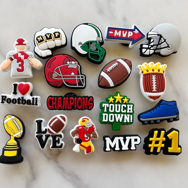 football themed shoe charms for your crocs, croc compatible charms, mvp shoe pins, helmet button for crocs, cleat charm