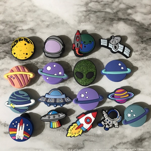 New popular outer space shoe charms for your crocs, planet shoe charms, croc compatible charms, clog charms, rocket ship, alien, spaceships