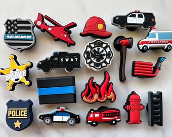 Police themed charms for your crocs, sheriff star charm for crocs, croc compatible firefighter themed shoe charms, police car charm