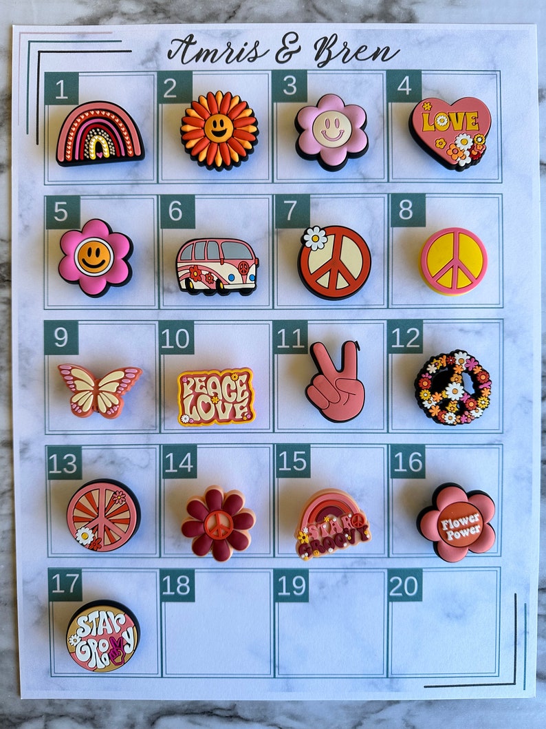 May include: A set of 20 colorful, retro-themed charms with various designs, including peace signs, flowers, butterflies, and rainbows. The charms are numbered 1 through 20 on a white background.