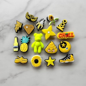 Yellow shoe charms, Croc compatible charms, shoe charms for Crocs, smiley face shoe charms, banana charm, new shoe charms, popular charms