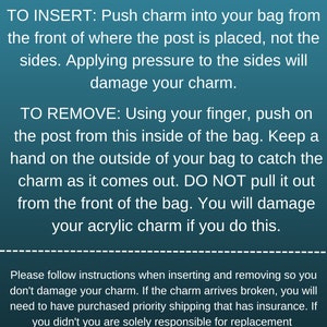 May include: Instructions on how to insert and remove a charm from a bag. The text explains how to avoid damaging the charm when inserting or removing it. The text also states that the seller is not responsible for replacing charms that are broken, damaged, or lost.
