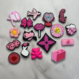 Cute Croc compatible pink themed shoe charms for Crocs, Croc compatible flower charm, sucker charm, bear charm, dice charm