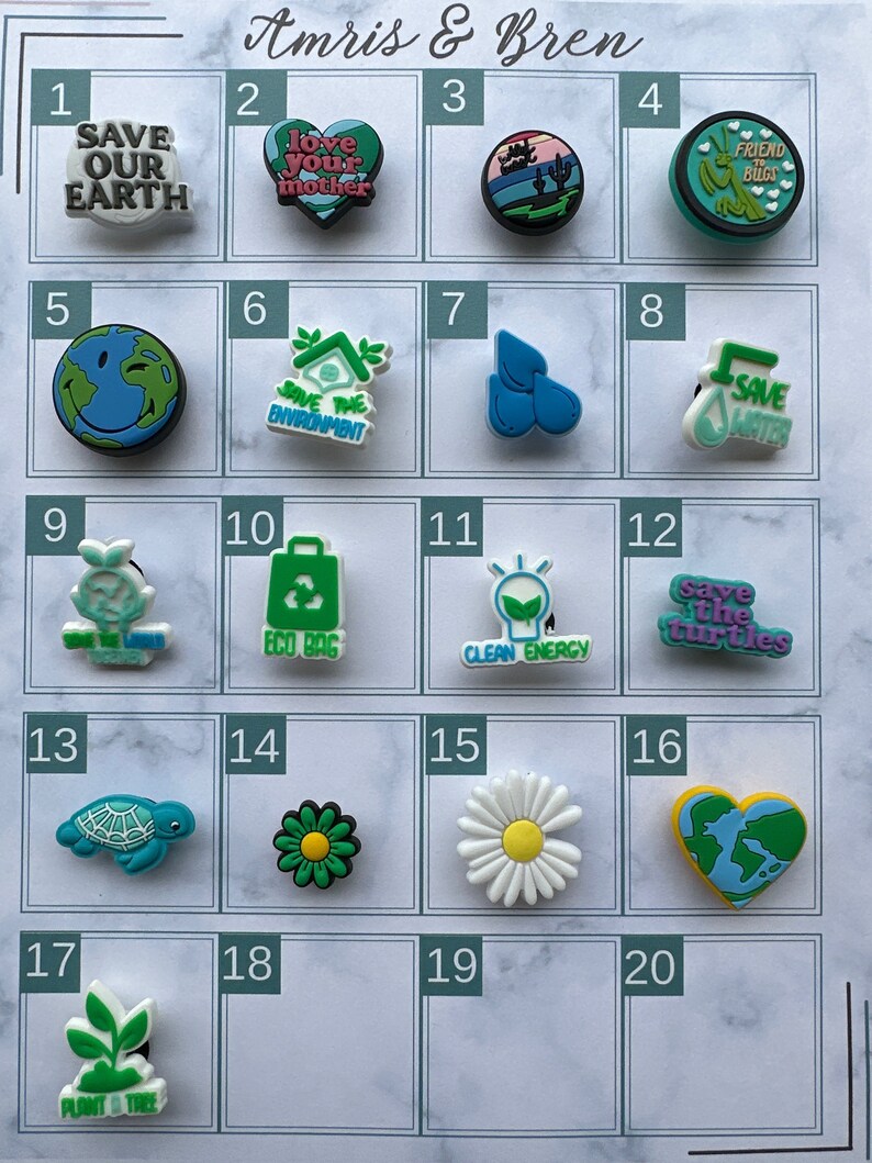 May include: A chart with 20 colorful shoe charms with different environmental themes. The charms feature images like a heart, a turtle, a flower, a lightbulb, and a tree. The text on the charms includes phrases like "Save Our Earth", "Love Your Mother", "Save the Turtles", and "Plant a Tree".