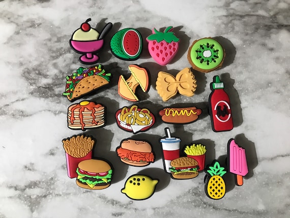 New Trending Food Charms for Your Crocs, Croc Compatible Fried Food, Fresh Fruit Clog Charms, Bow Tie Pasta, Grilled Cheese, Onion Rings