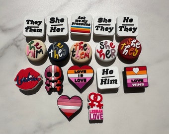 New popular pronoun shoe charms, trending lesbian themed shoe charms, pride croc compatible charms, rainbow clog charms for your crocs