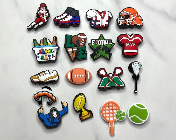 Football Croc compatible charms, lacrosse charms, Tennis charms, Parachuting and skydiving shoe charms for Crocs