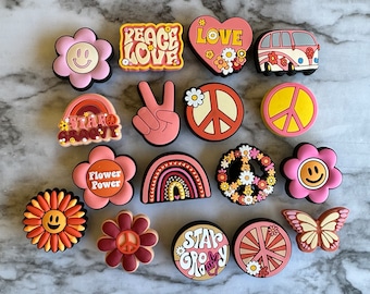 Croc compatible vintage styled shoe charms for your crocs, groovy charms, 70’s themed shoe charms, flower power, peace, popular charms