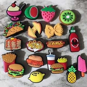 New trending food charms for your crocs, croc compatible fried food, fresh fruit clog charms, bow tie pasta, grilled cheese, onion rings,