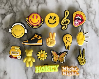 New popular yellow smiley face shoe charms for your crocs, Croc compatible shoe charms, trending charms for crocs