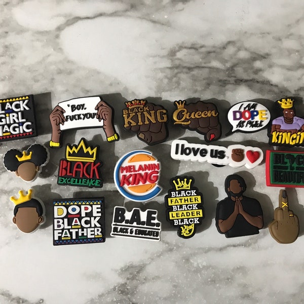 New trending black king & black queen shoe charms for your crocs, popular BGM charms, black excellence, melanin king, dope black father