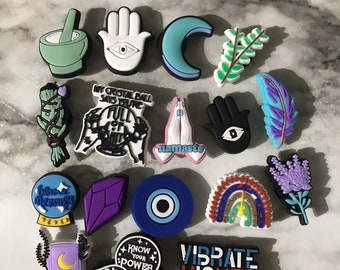 New popular manifestation charms for your crocs, trending evil eye croc compatible charms, sage, crystal, vibrate higher, know your power