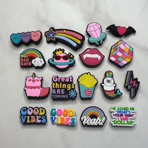 cute bright colored charms for Crocs, Croc compatible charms for clogs, positive charms