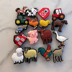 May include: A set of 15 colorful farm animal and farm-themed shoe charms. The charms include a red barn, a tractor, a truck, a pig, a cow, a rooster, a goose, a sheep, a chicken, a horse, a dog, and a chick.