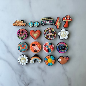 Croc compatible vintage styled shoe charms for your crocs, groovy charms, 70’s themed shoe charms, flower power, peace, popular charms