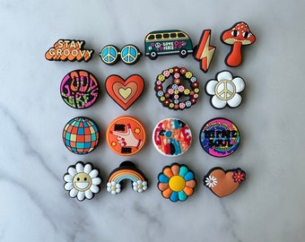 Croc compatible vintage styled shoe charms for your crocs, groovy charms, 70’s themed shoe charms, flower power, peace, popular charms