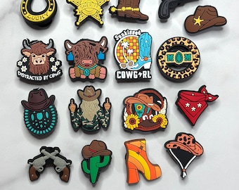 Western cowgirl themed shoe charms, Cowboy Croc compatible charms, cow shoe charms for Crocs
