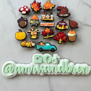 Op de afbeelding: Een verzameling van 18 kleurrijke herfst-schoenbedels, waaronder pompoenen, bladeren, paddenstoelen, kabouters, een vrachtwagen en een eekhoorn. De bedels zijn in een cirkel op een wit marmeren oppervlak gerangschikt. De tekst "@amrisandbren" is zichtbaar onder de bedels.