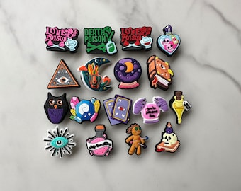 witch themed croc compatible shoe charms, trending magic clog charms, cute witch charms for crocs, moon water charms, moon charms, gems