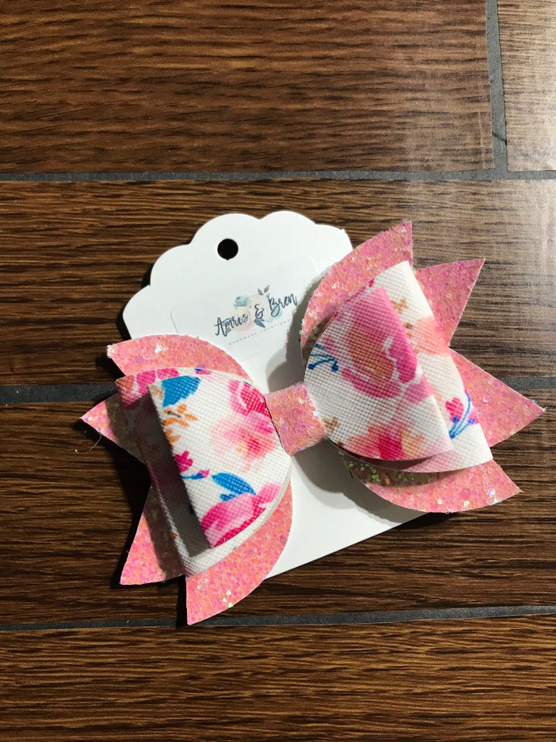Faux leather pink and blue floral hair bow