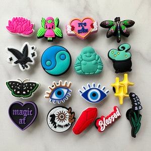 New trending manifestation charms for your crocs, spiritual croc compatible shoe charms, evil eye charms, yin & yang charm, dragonfly  charm