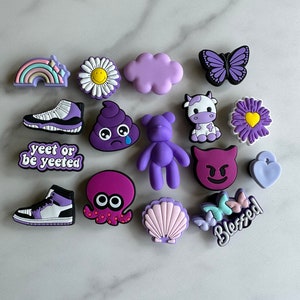 purple shoe charms for your crocs, Croc compatible shoe charms, emoji shoe charms for Crocs, purple cow charm, purple flower