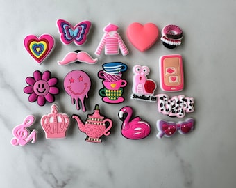 cute pink shoe charms for your crocs, Croc compatible shoe charms, evil eye shoe charms for Crocs, pink smiley face charm, pink flower charm