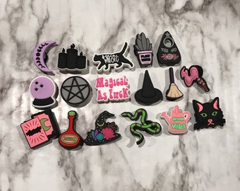 witch themed croc compatible shoe charms, trending magic clog charms, cute witch charms for crocs, moon water charms, moon charms, gems