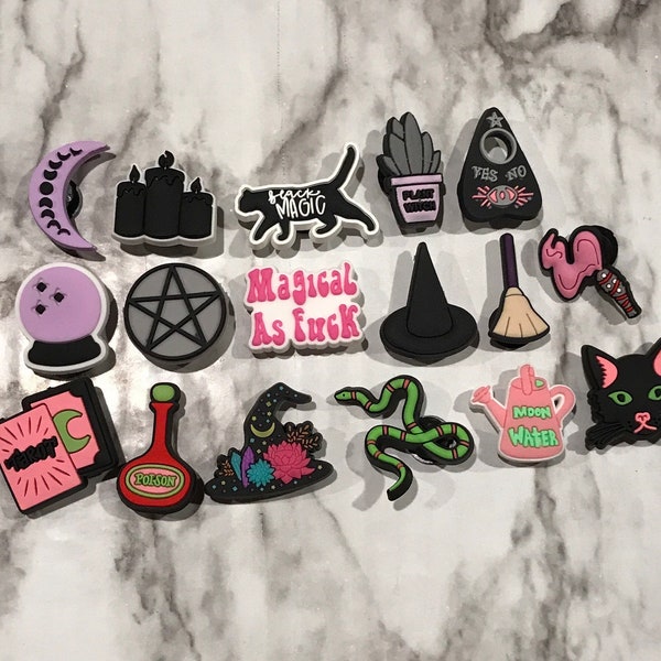 witch themed croc compatible shoe charms, trending magic clog charms, cute witch charms for crocs, moon water charms, moon charms, gems