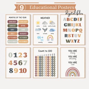 Set of Boho Theme Educational Posters | 9 | Classroom Décor | Montessori | Nursery | Playroom Décor | Teacher | Digital Files