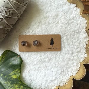May include: A pair of brown and clear gemstone earrings on a brown card with the text "forest & fog".