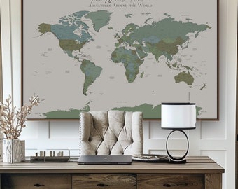 World Map Push Pin Custom Wall Art Extra Large World Map Executive Political Home Office Custom Map Teal Sage Green