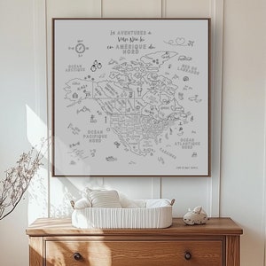 Mappa del Nord America Arte da parete Stampa educativa Avventura Tema Arredamento per l'aula Nord America Fauna selvatica Nome personalizzato Asilo nido Insegnamento Woodland