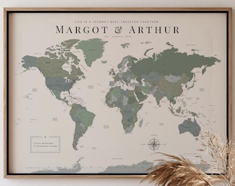 Push Pin Travel World Wall Map Pin Board Push Pin Custom Minimalist Sage Green Blue Gray Oversize Personalized Tracker National Geographic