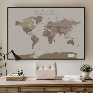 Custom World Map Push Pin Extra Large Detailed Map Green Beige Rose