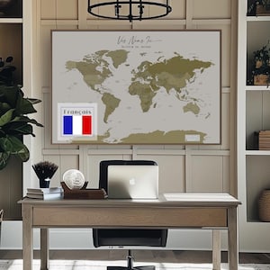 World Map Push Pin Custom Wall Art Extra Large World Map Executive Political Home Office Custom Map Sage Green in French