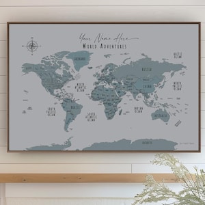Minimalist World Map Push Pins Hand-Drawn World Map Wall Art Home Office Decor Custom Gift Wall Art Canvas Map Poster Custom Map Blue