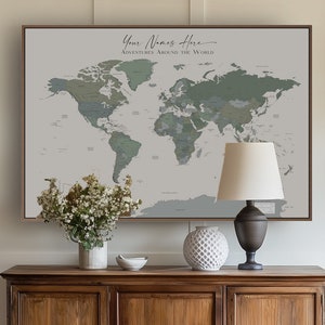 World Map Wall Art Custom Push Pin Modern Travel Detailed Map Extra Large Green Blue