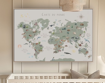 Carte du monde imprimable pour enfants avec animaux vert sauge (en Français, non personnalisée)