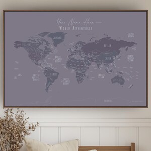Minimalist World Map Push Pins World Map Wall Art Home Office Custom Gift Wall Art Canvas Map Poster Custom Map Purple, English or French