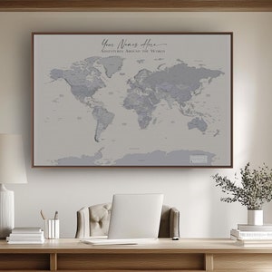 Custom World Map Push Pin Extra Large Detailed Map Grey Gray, in English or French