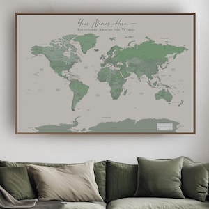 Custom World Map Push Pin Extra Large Detailed Map Green Sage, in English or French