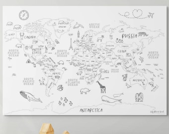 May include: A rectangular wall art print featuring a black and white world map illustration. The map includes line drawings of various animals, landmarks, and geographic labels across continents, with a dashed flight path and compass icon.