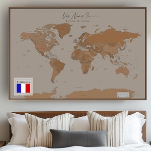 World Map Push Pin Custom Wall Art Extra Large World Map Executive Political Home Office Custom Map Beige Brown Orange in French