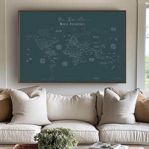 Minimalist World Map Push Pins World Map Wall Art Home Office Decor Custom Gift Wall Art Canvas Map Poster Emerald Green, English or French