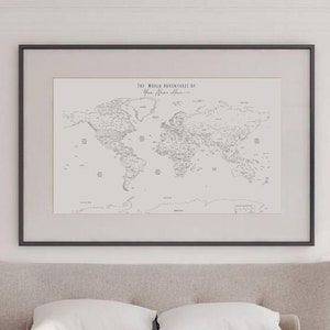 Weltkarte, extragroße Reißzwecken | Minimalistischer, personalisierter moderner Kartendruck | Reisekarte | Post