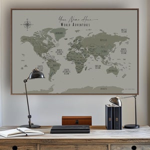 Minimalist World Map Push Pins Wall Art Home Office Decor Custom Gift Wall Art Canvas Map Poster Sage Green, in English and French